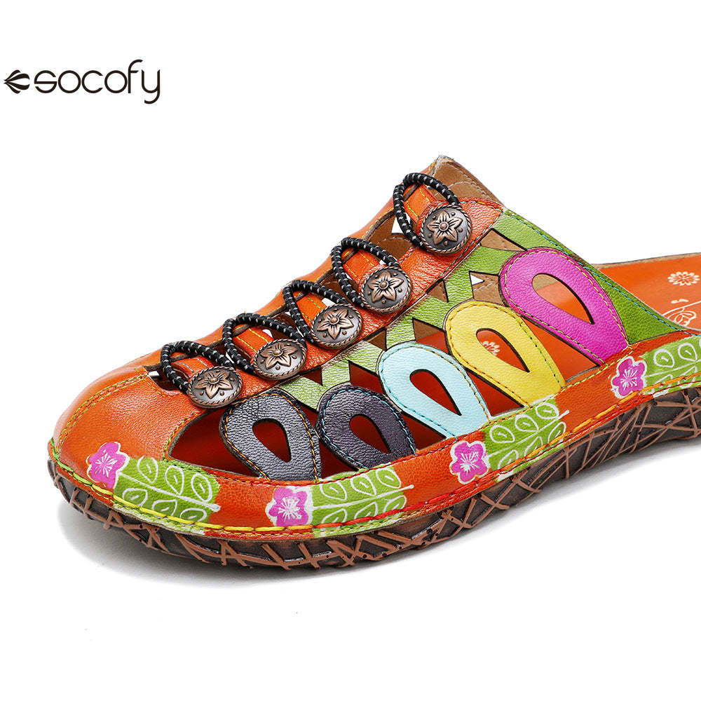 Socofy Summer Leather Hollow Out Buckle Comfortable Flat Women's Slippers