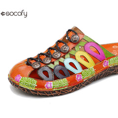 Socofy Summer Leather Hollow Out Buckle Comfortable Flat Women's Slippers