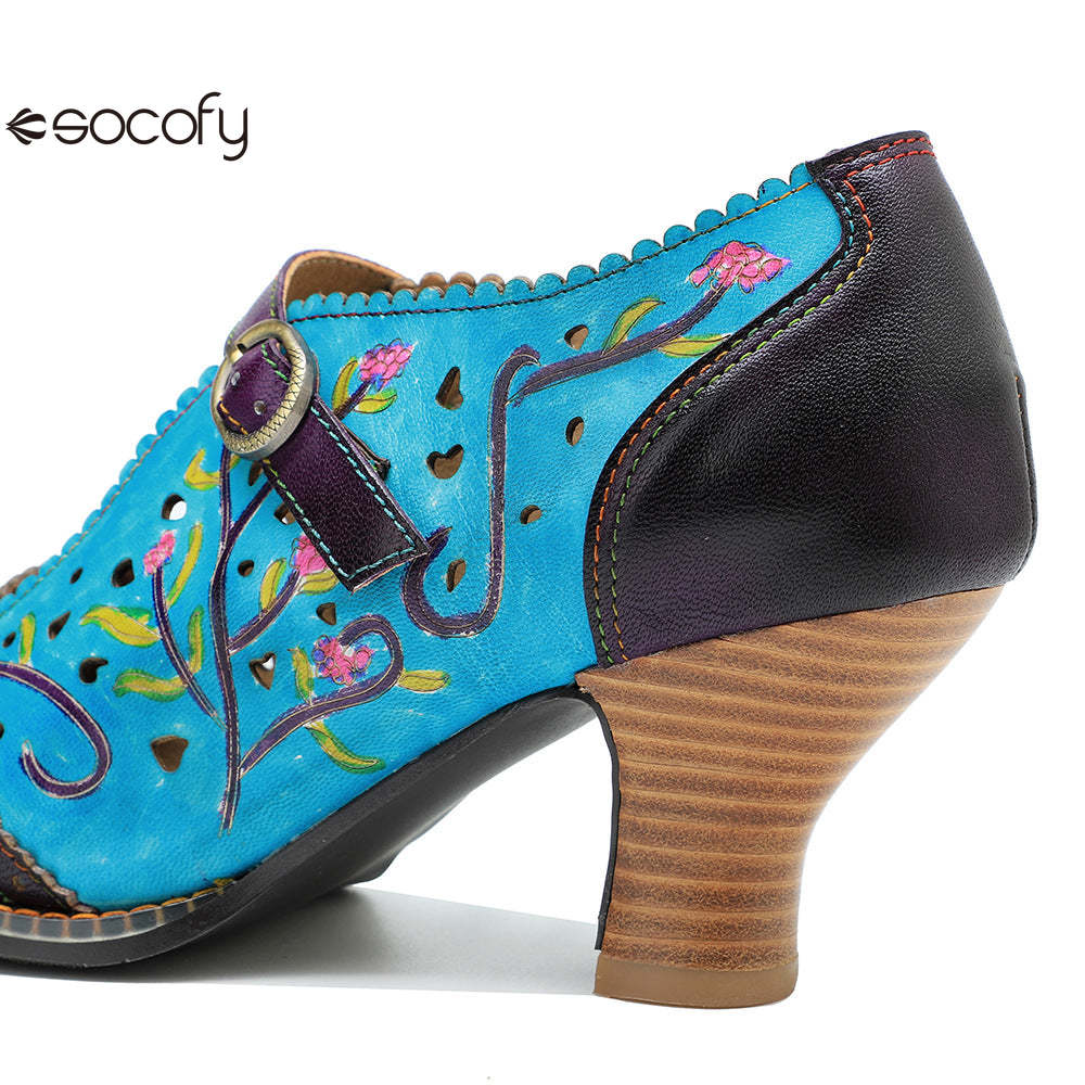 Socofy genuine leather hand-rubbed hollow flower high heels for women