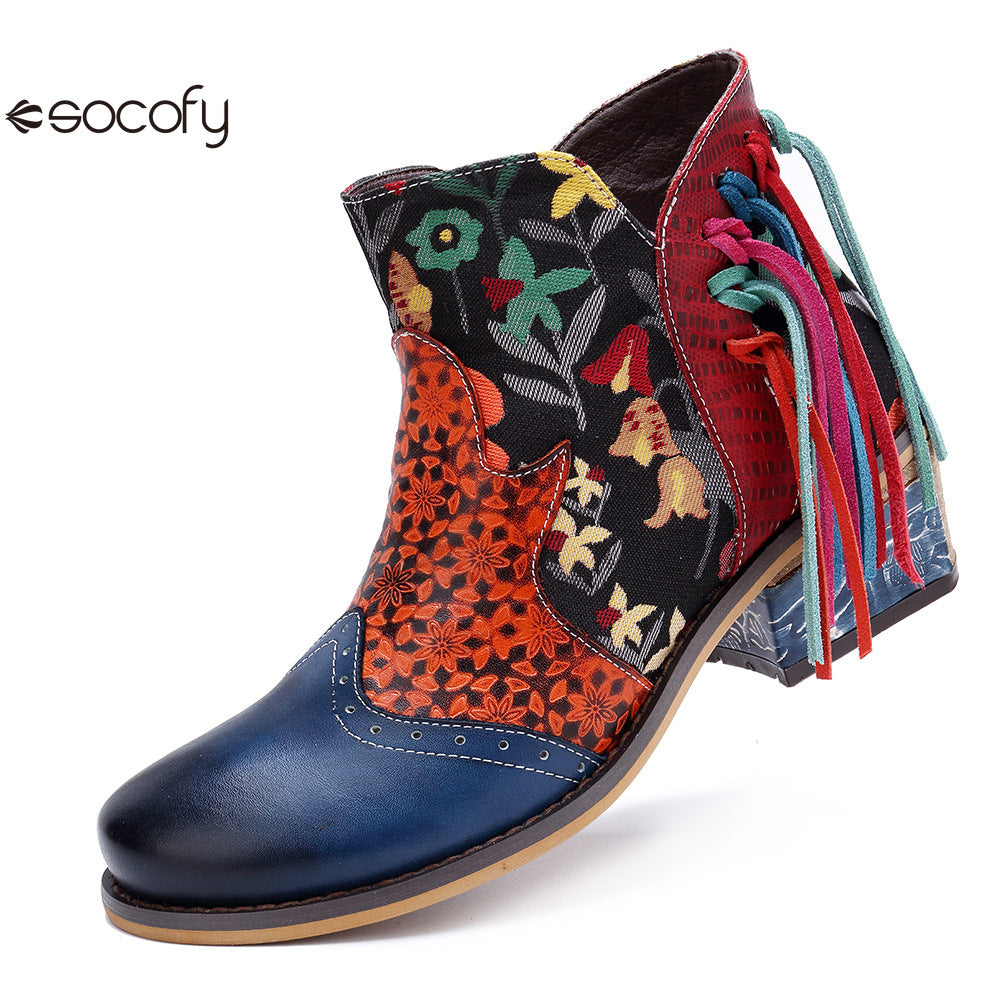 Socofy Vicconfy Leather Printed Fringe Cowboy Boots