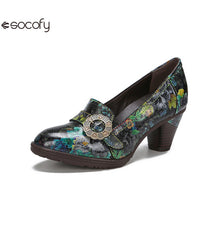 Socofy Vicconfy Round Toe Cowhide Leather Fashion Single Shoes Vintage Flower Heels Women's Shoes