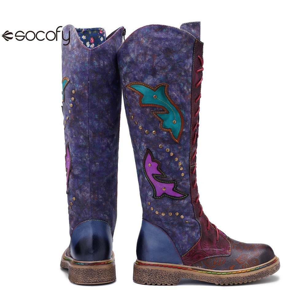 Socofy Vicconfy Locomotive Texture Dark Flower Women's Boots Flat Women's Boots