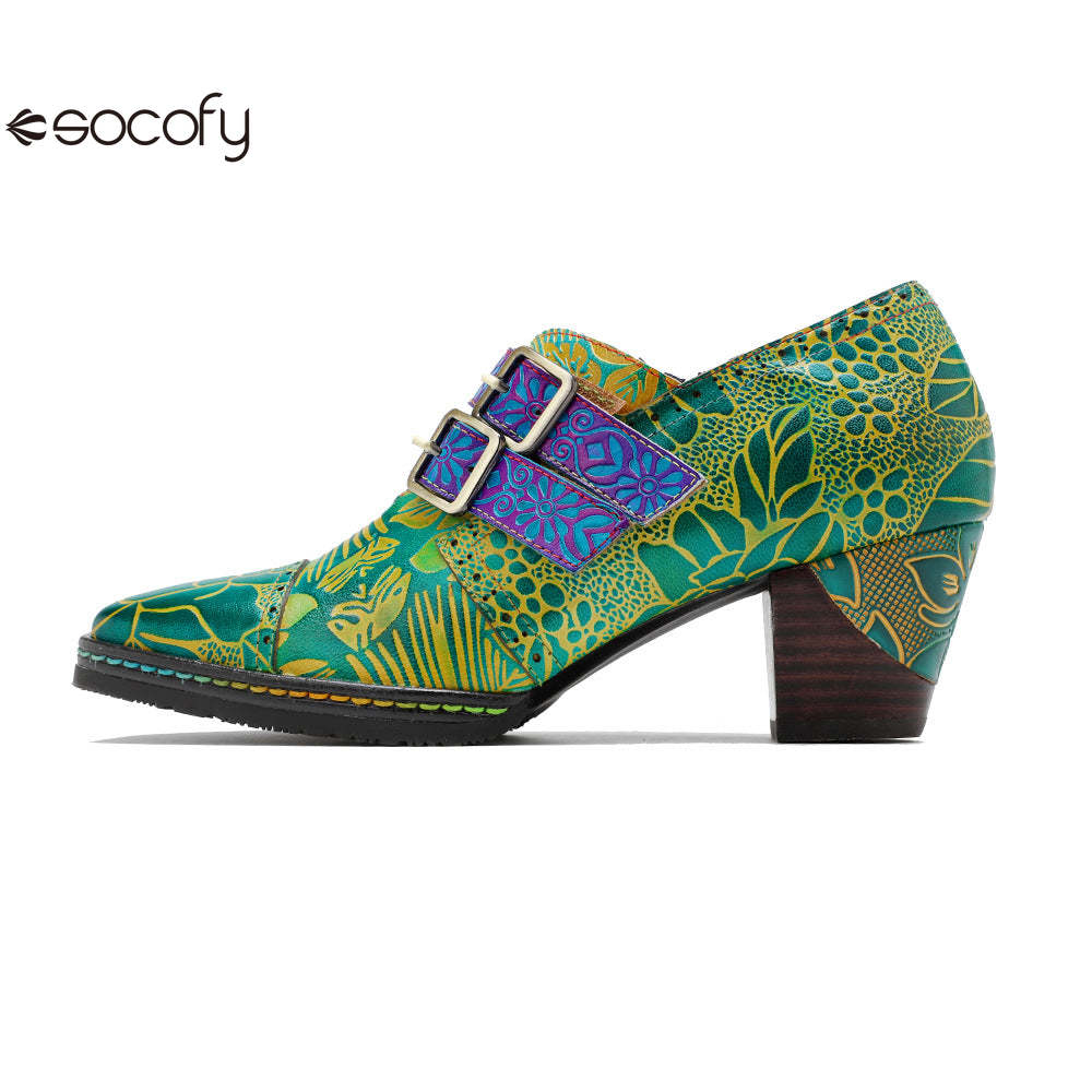 Socofy genuine leather green printed pastoral style retro thick heel women's high heels