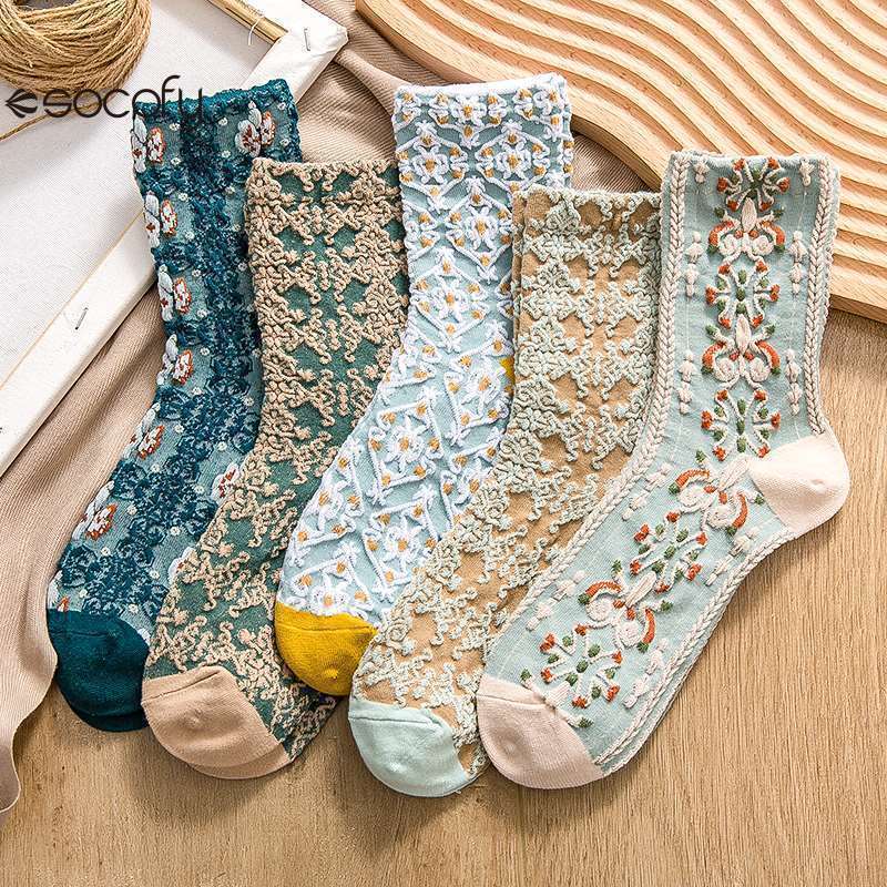 Socofy Vicconfy Vintage Cubic Embossed Socks Floral Mid-Calf Women's Socks