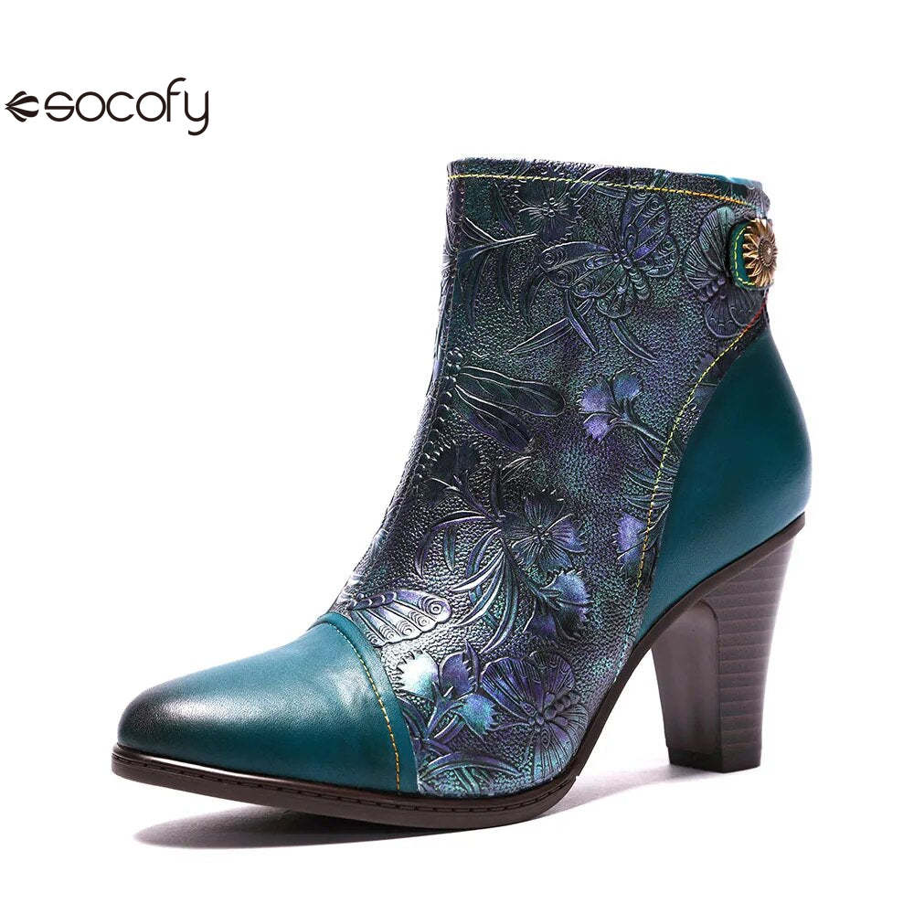 SOCOFY Genuine Leather Retro Handmade Exquisite Embossed Fashion Zip Winter Boots