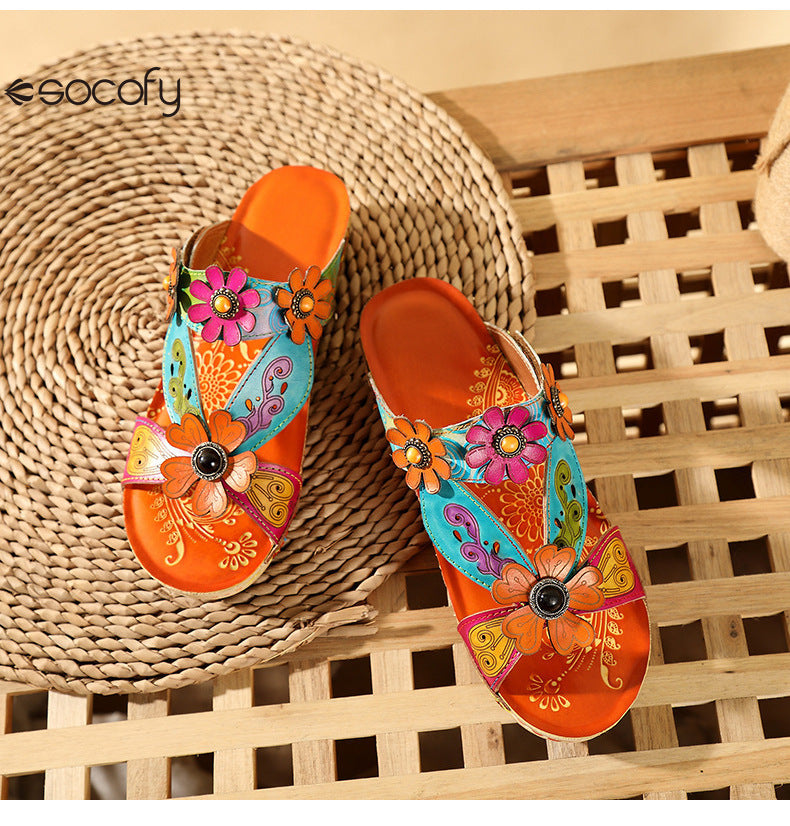 Socofy Vicconfy Loose Round Toe Handmade Cubic Flower Ethnic Flat Sandals