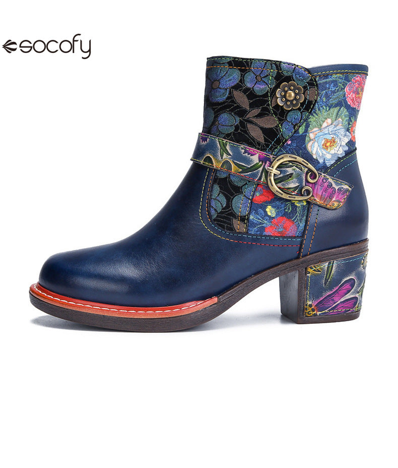 Socofy Vicconfy Genuine Leather Cubic Embossed Romantic Vintage Floral Heeled Ankle Boots