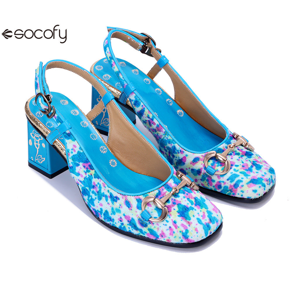 Socofy Handmade Leather Crushed Flower Chunky High Heeled Sandals