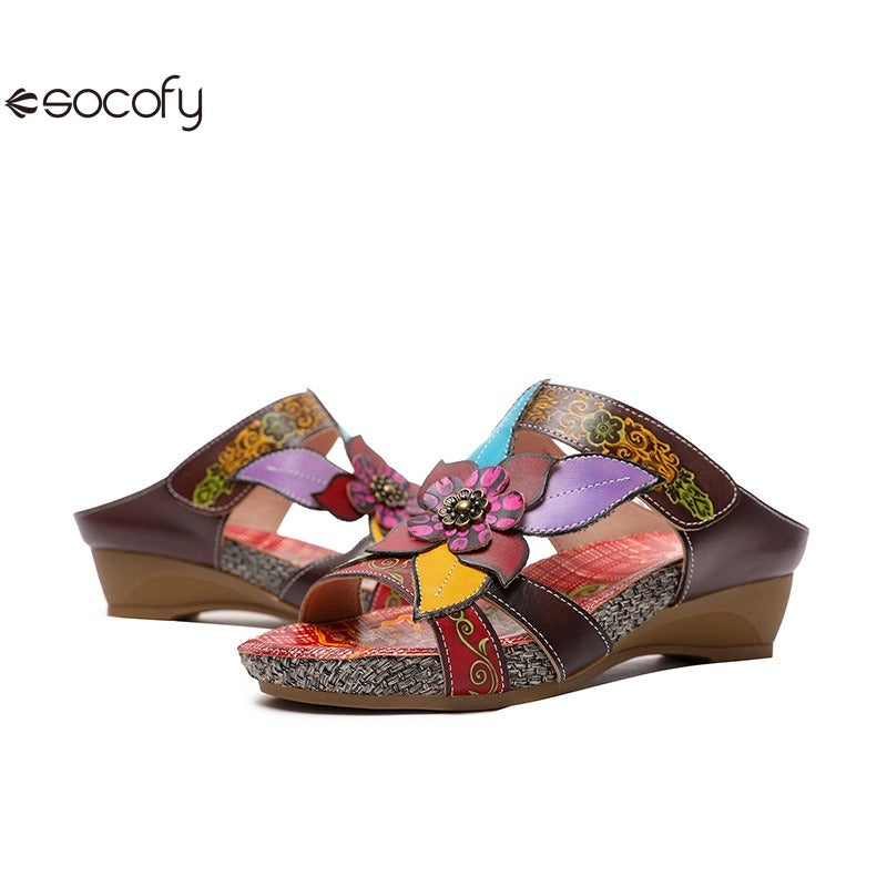 Socofy genuine genuine leather bohemian floral vintage sandals