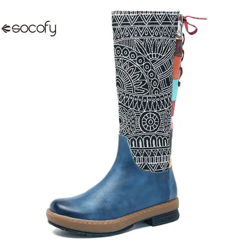 Socofy Vinatge Handmade Knee High Boots For Women Genuine Leather Shoes Women