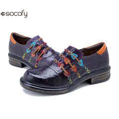 Socofy Genuine Leather Colourful Rope Deco Ethnic Printed Women's Flat Shoes