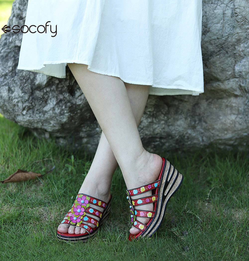 Socofy Summer Leather Vintage Flower Slope Heel Sandals Slippers