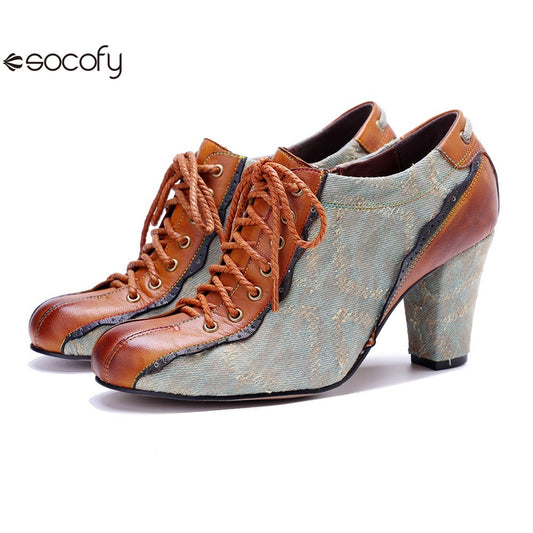 Socofy Genuine Leather Retro Fashion Lace Up Heels pumps 1000