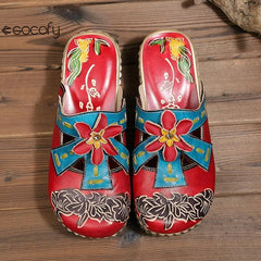 Socofy Genuine Leather Hand-painted Flower Summer Platform Slippers