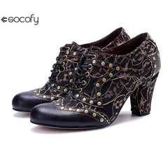 Socofy genuine leather Women's Leather Rivet Retro Fashion High Heeled Shoes