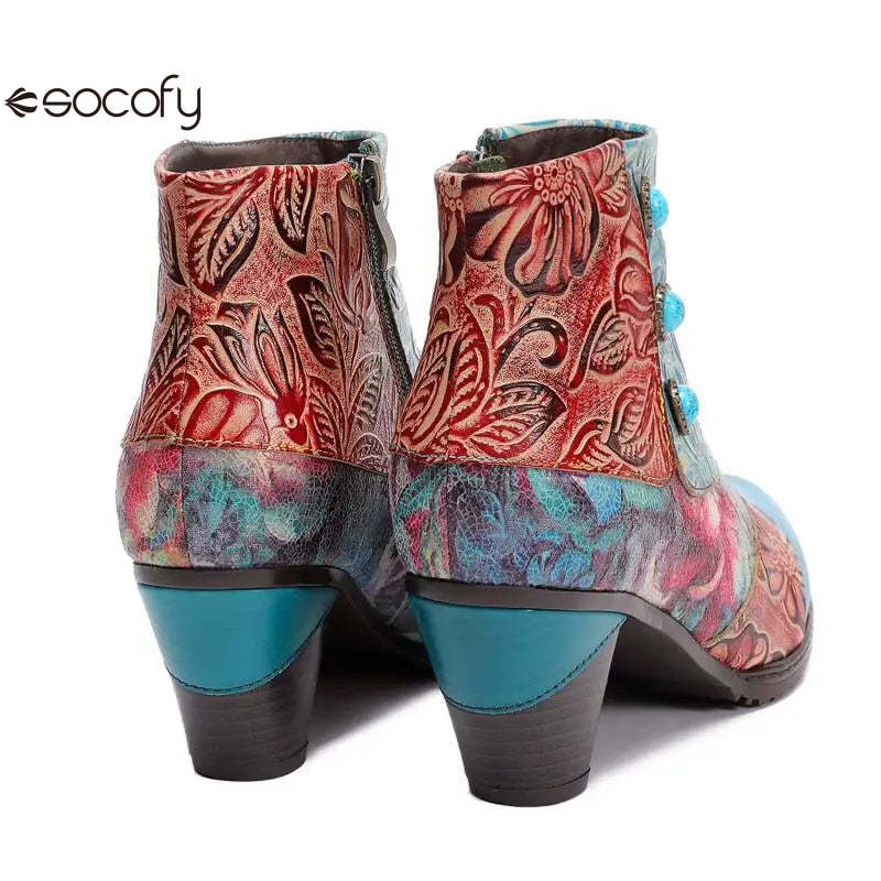 Socofy Women boots Leather Vintage Bohemian Female Retro Printed Buckle Soft Zipper Ankle Boots