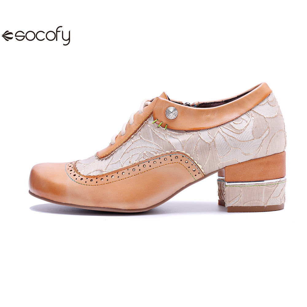 Socofy Genuine leather beige vintage brogue tassel side zipper pumps