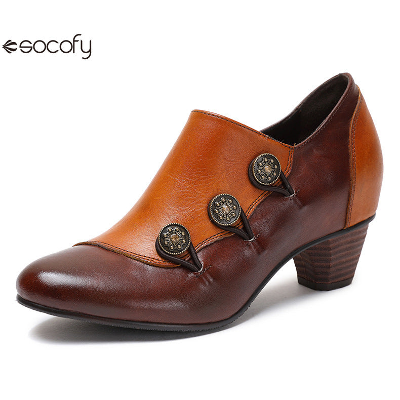 Socofy Vicconfy Genuine Leather Ethnic Style Handmade Vintage Literary Buckle Heels