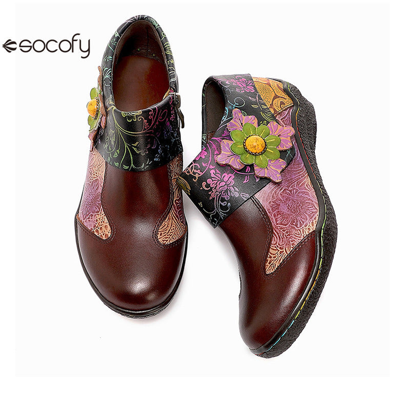 Socofy Vicconfy Ethnic Flower Leather Handmade Flat Shoes Low Heeled Single Shoes