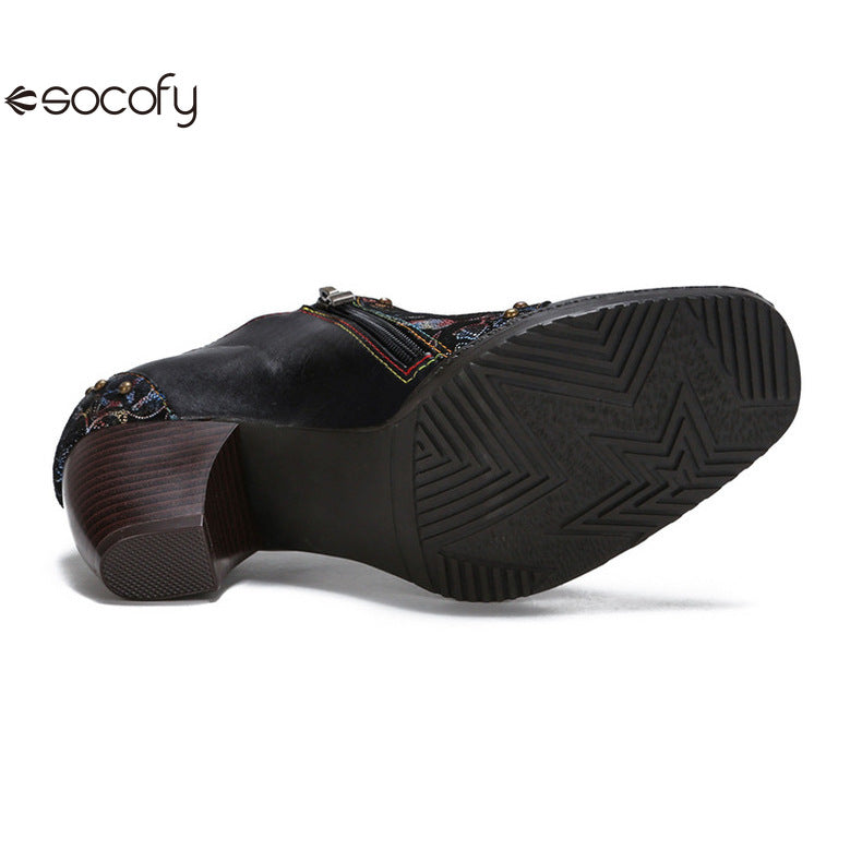 Socofy Vicconfy Round Toe Leather Fashion Side Zipper Heels Single Shoes Women's Shoes