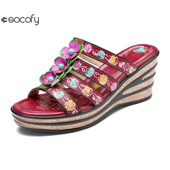 Socofy Summer Leather Vintage Flower Slope Heel Sandals Slippers