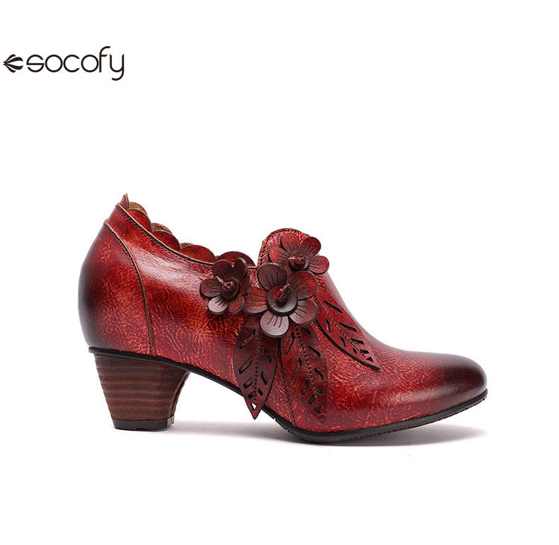 Socofy Genuine Leather Handmade Vintage Fashion Side Zipper High Heels Women's Shoes