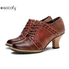 Socofy Leather Leopard Print Lace Up Women's High Heels