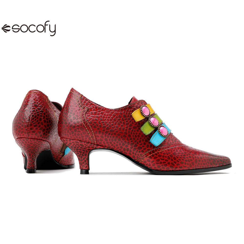 Socofy Red Leather Vintage Buckle High Heels Women's Shoes