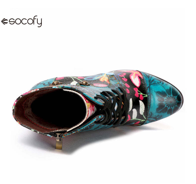 Socofy Vicconfy Ethnic Cowhide Handmade Vintage Flower High Heel Women's Boots