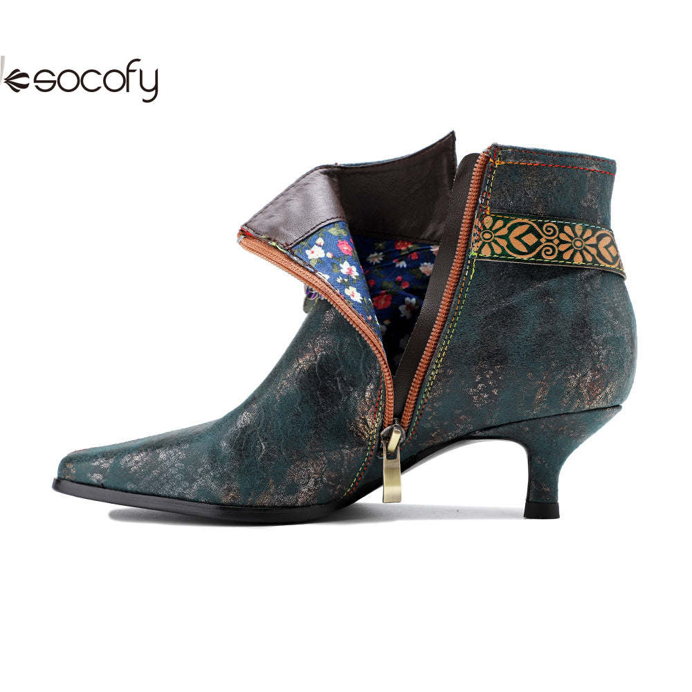 Socofy Retro British style metal texture low heel women's short boots