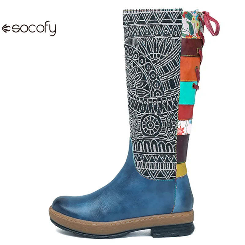 Socofy Vinatge Handmade Knee High Boots For Women Genuine Leather Shoes Women