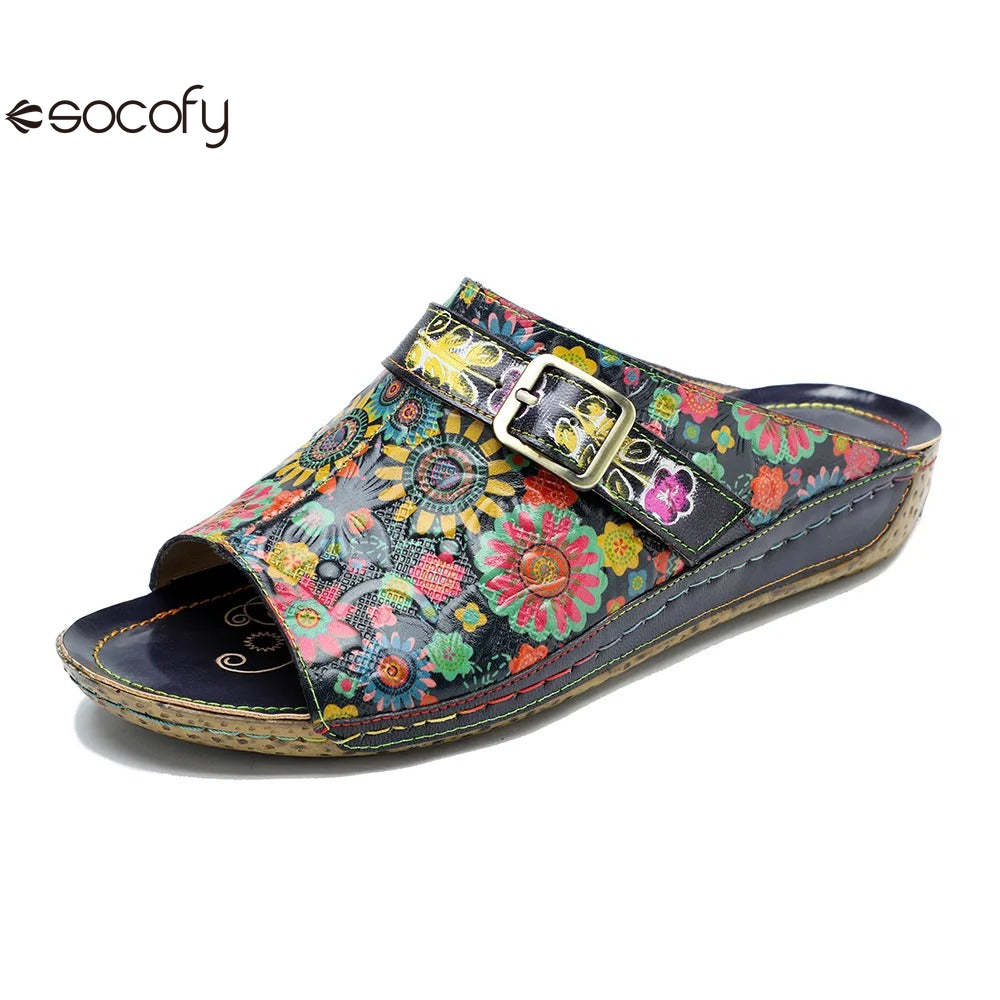 Socofy Spring Summer Genuine Leather Outside Slippers Hand-painted Retro Comfort Flat Sandals