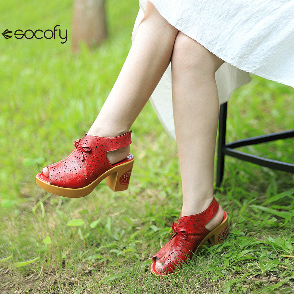 Socofy Summer Leather Retro Hollow Out High Heel Sandals