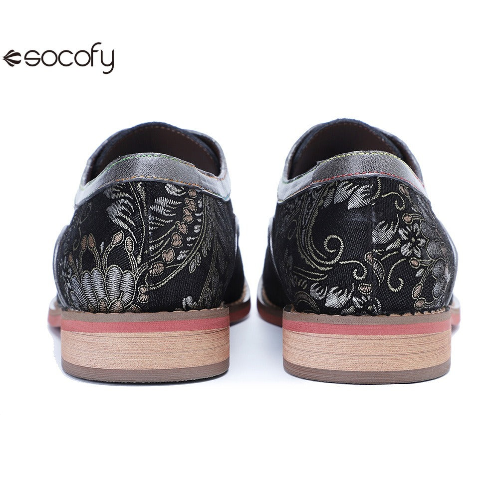 Socofy Handmade Leather Vintage Lace-Up Flats Loafers Shoes