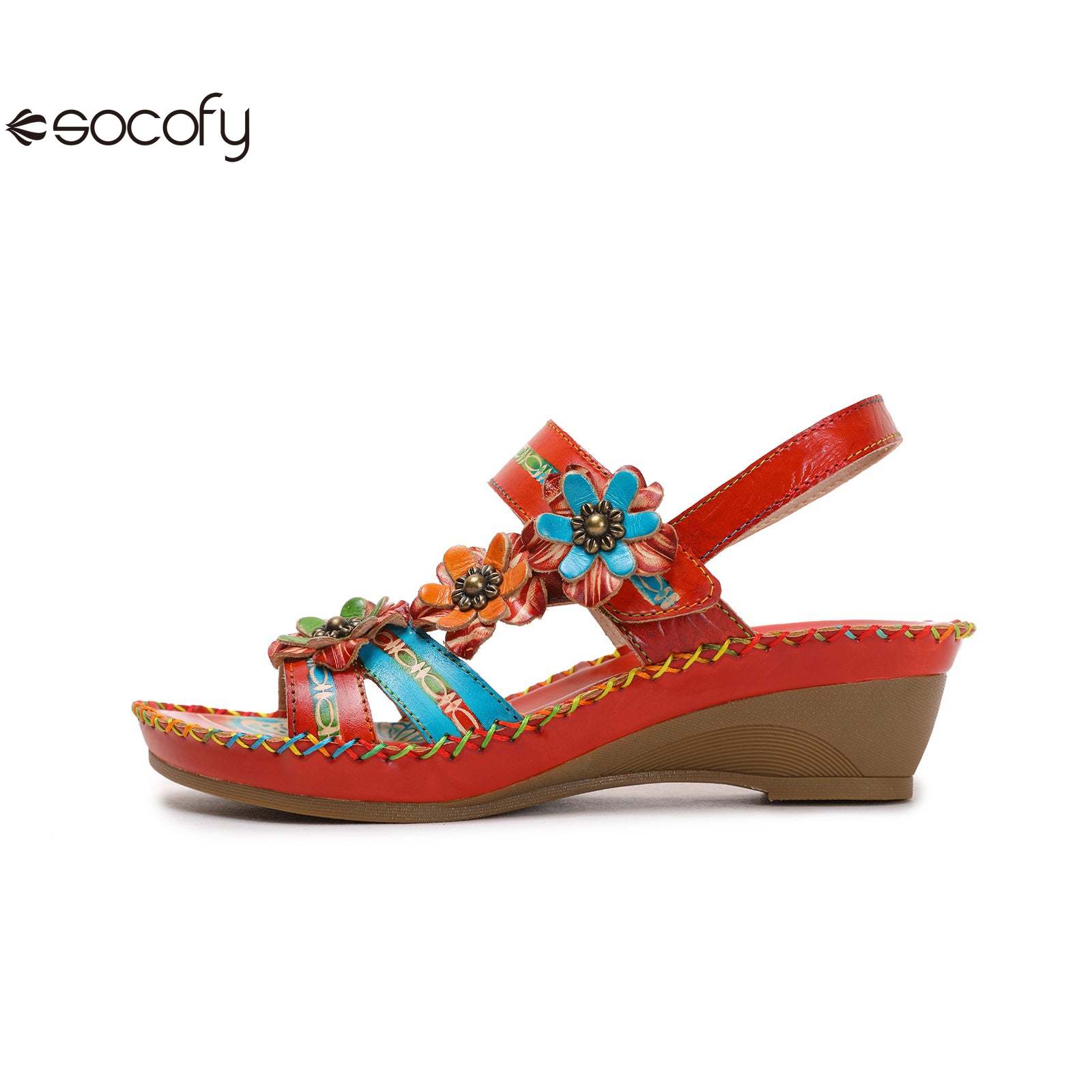 Socofy Vicconfy Summer genuine leather ethnic style wedge heel retro casual fashion flower decorated sandals