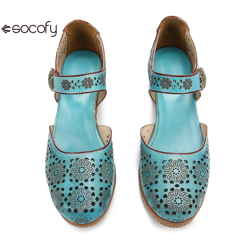 Socofy Genuine leather romantic three-dimensional flowers hollowed out sandals