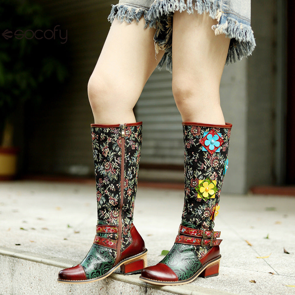 Socofy Vicconfy Handmade Color Rubbed Cubic Floral Belt Buckle Comfort Chunky Heel High Boots