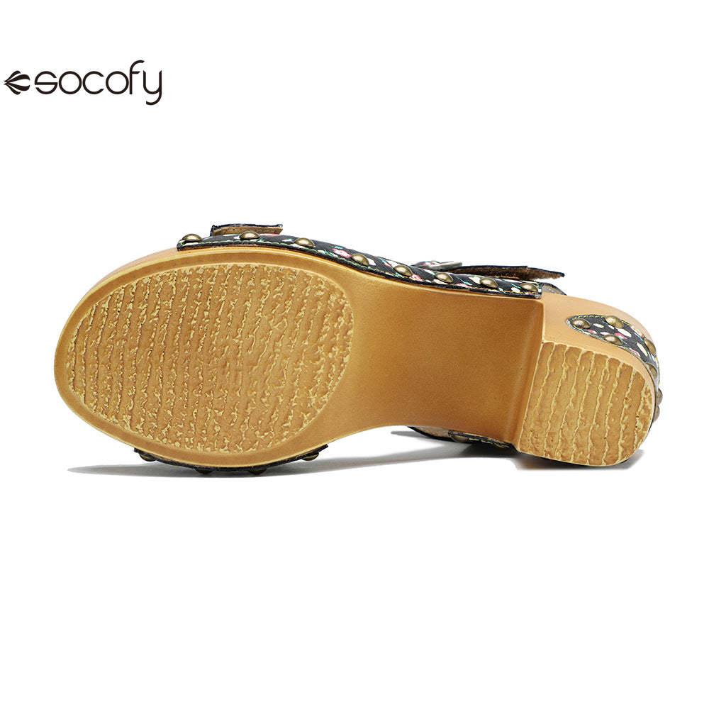 Socofy Leather Vintage Floral American Rustic Heeled Sandals