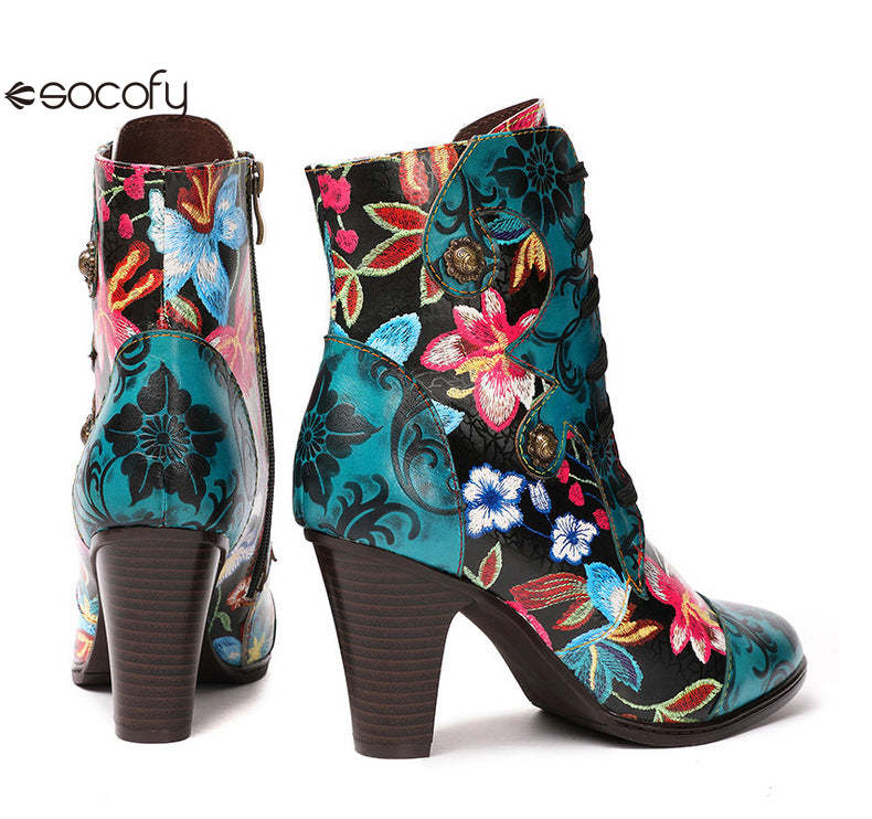 Socofy Vicconfy Ethnic Cowhide Handmade Vintage Flower High Heel Women's Boots