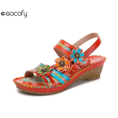 Socofy Vicconfy Summer genuine leather ethnic style wedge heel retro casual fashion flower decorated sandals