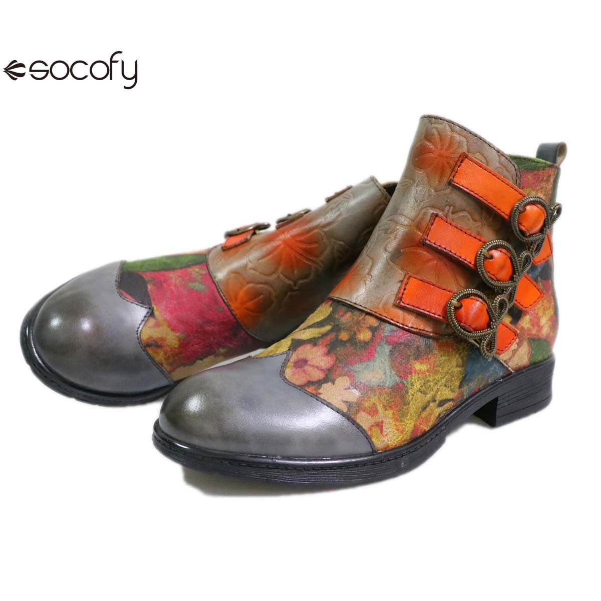 Socofy Low-top genuine leather brown round toe trendy women's fashion boots