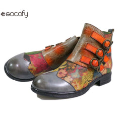 Socofy Low-top genuine leather brown round toe trendy women's fashion boots