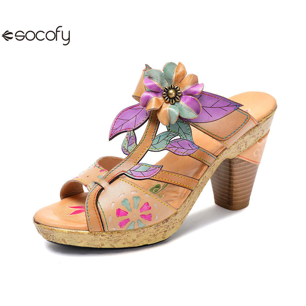 Socofy Vicconfy Flower Patchwork Head Cowhide High Heel Women's Sandals Slippers