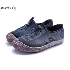 Socofy Vicconfy Genuine Leather Vintage Scuffed Comfort Breathable Mesh Loafers