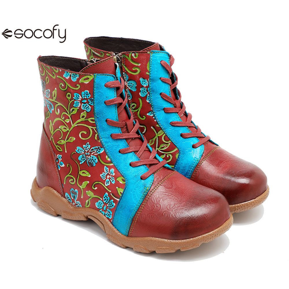 Socofy Vicconfy Handmade Leather Print Ankle Boots