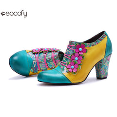 Socofy Leather Genuine Leather Vintage Floral Chunky Heeled Pumps