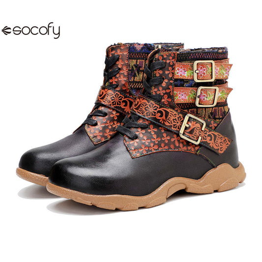 Socofy Vicconfy Leather Handmade Color Rubbed Printed Belt Buckle Flat Women's Boots 1000