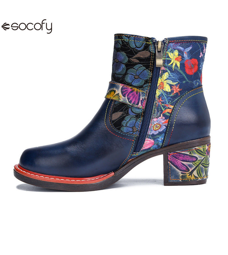 Socofy Vicconfy Genuine Leather Cubic Embossed Romantic Vintage Floral Heeled Ankle Boots