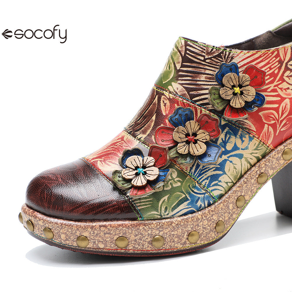 Socofy Genuine Leather Vintage Floral Dimensional Flower Comfortable Pumps