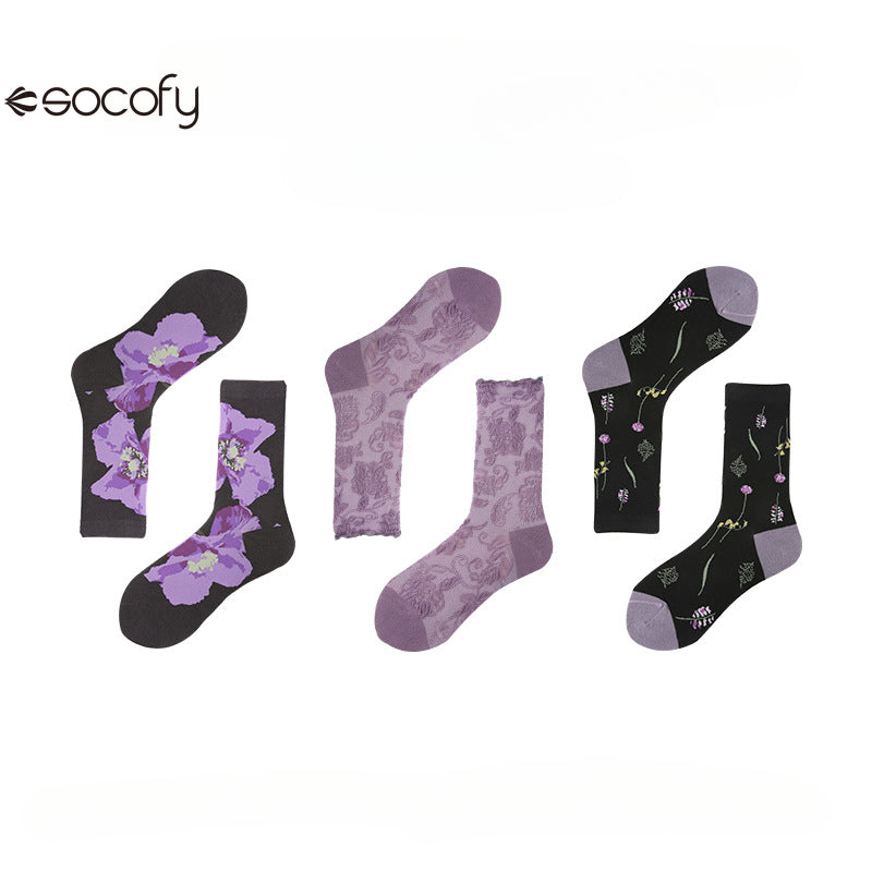 Socofy Vintage mid-calf socks for women combed cotton fashion socks